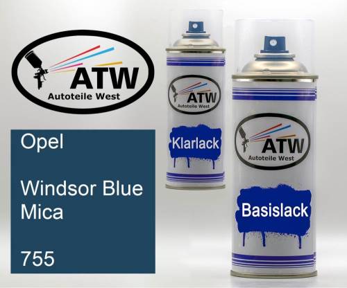 Opel, Windsor Blue Mica, 755: 400ml Sprühdose + 400ml Klarlack - Set, von ATW Autoteile West.